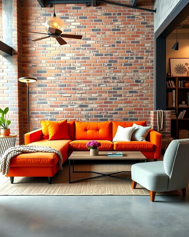 Industrial Edge with Orange Highlights - 25 Orange Couch Living Room Ideas