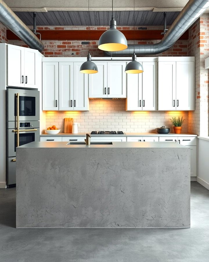 Industrial Edge with White Cabinets and a Concrete Grey Island - 25 White Kitchen Cabinets With Grey Island Ideas