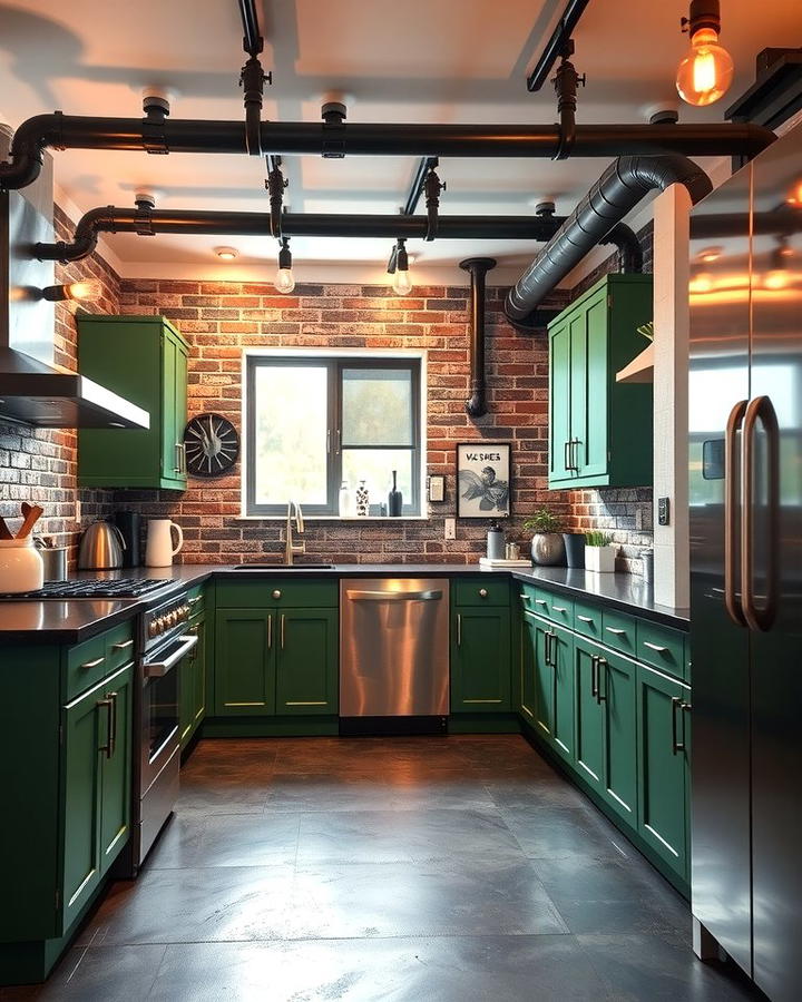 Industrial Edge - 30 Green Kitchen Cabinets With Black Countertops