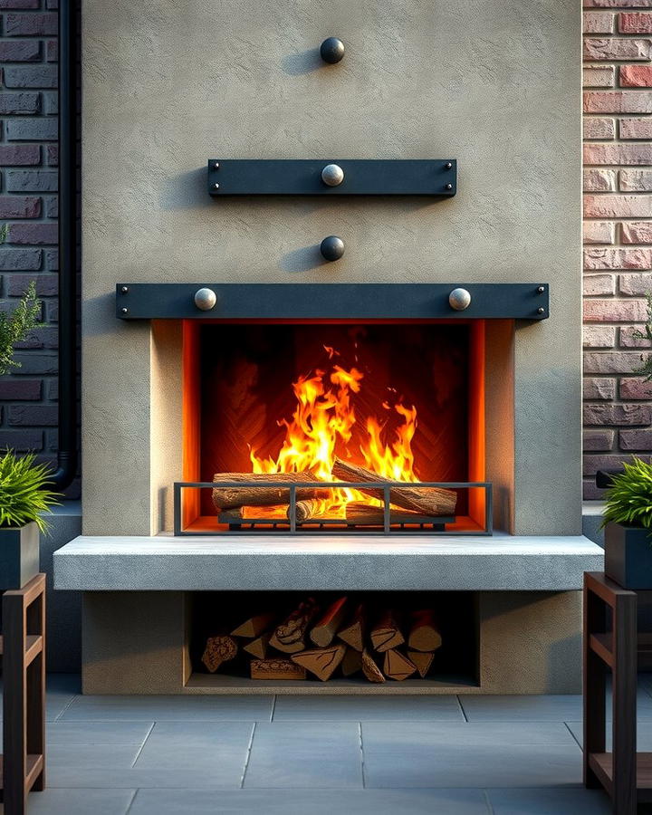 Industrial Style Fireplace with Metal Accents - 25 Outdoor Corner Fireplace Ideas