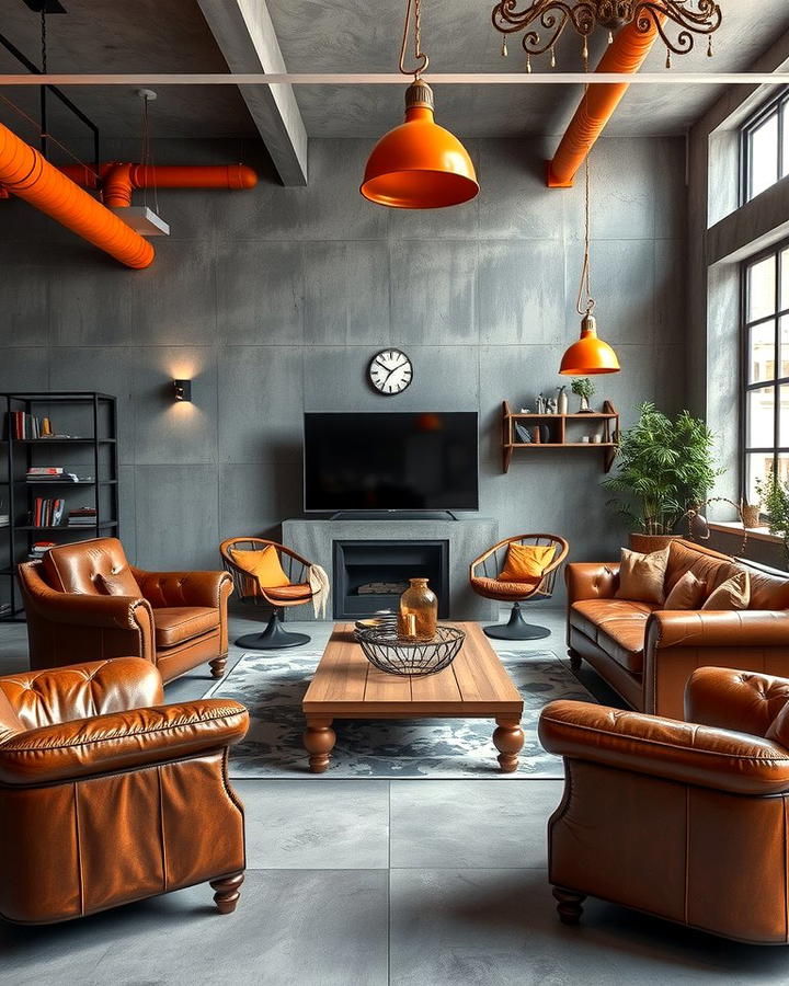 Industrial Style with Orange and Grey Accents - 25 Orange and Grey Living Room Ideas