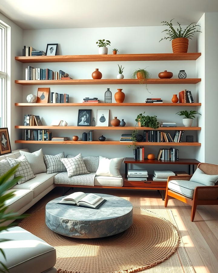 Install Floating Shelves - 25 Organic Modern Living Room Design Ideas