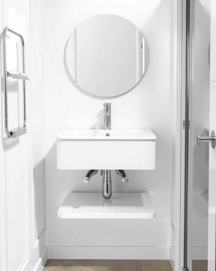 Install a Wall Mounted Vanity - 30 Small White Bathroom Ideas