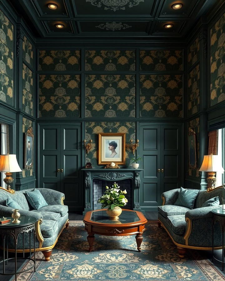 Intricate Wallpaper Patterns - 25 Victorian Dark Green Living Room Ideas