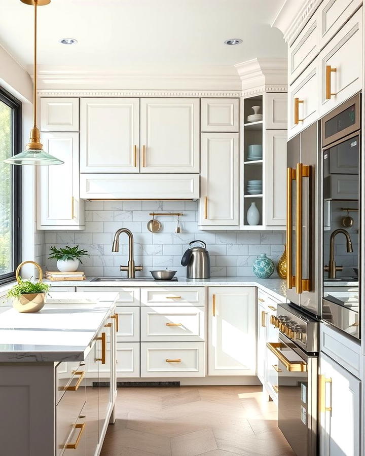 Introduce Pops of Metallic Accents - 25 White Kitchen with Stainless Steel Appliances Ideas