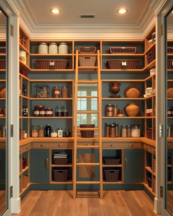 Ladder Access for High Shelves - 25 Open Pantry Ideas