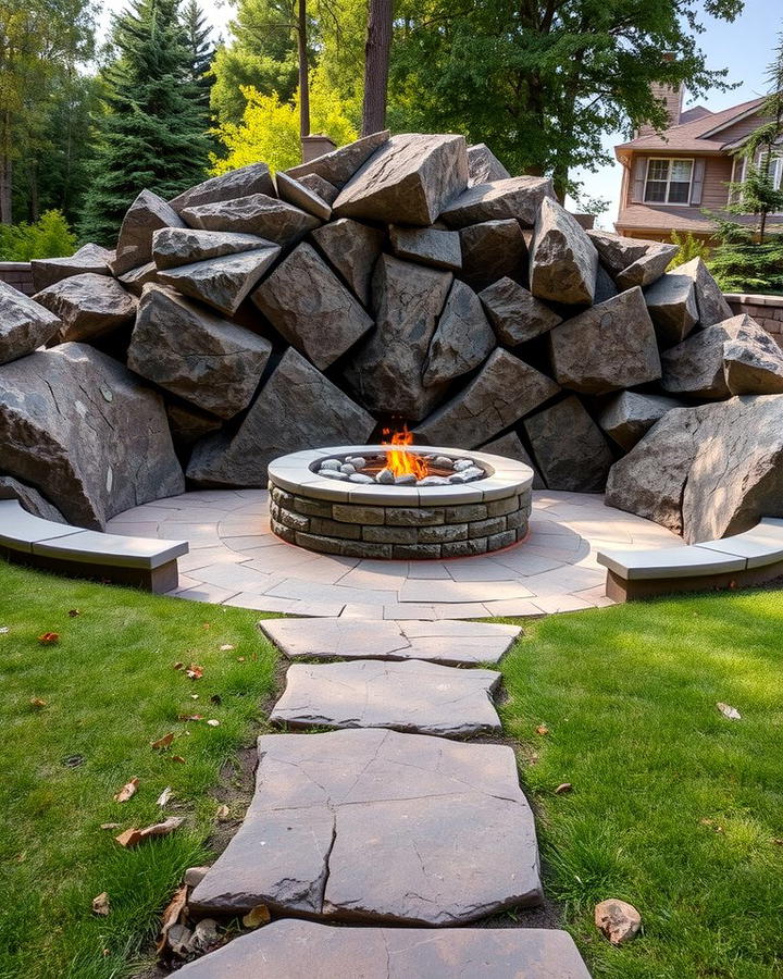 Large Rock Fire Pit with Stone Pathway - 25 Rock Fire Pit Ideas