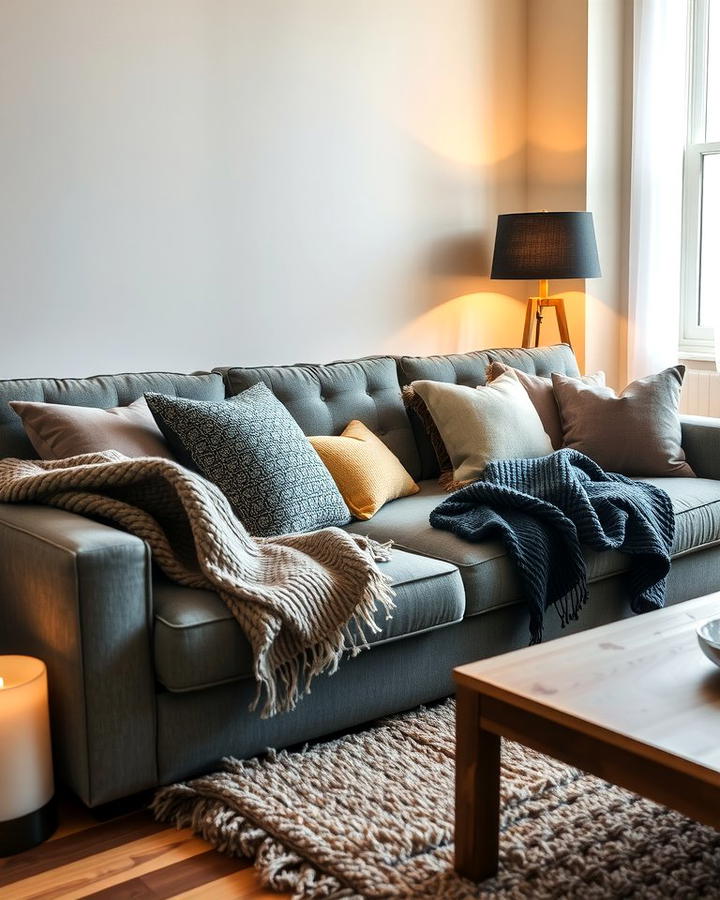 Layer with Cozy Textiles - 30 Grey Couch Living Room Ideas