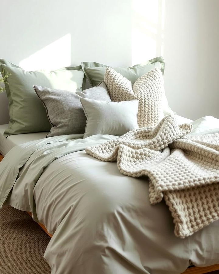 Layered Bedding in Sage and Grey Tones - 25 Sage Green and Grey Bedroom Ideas