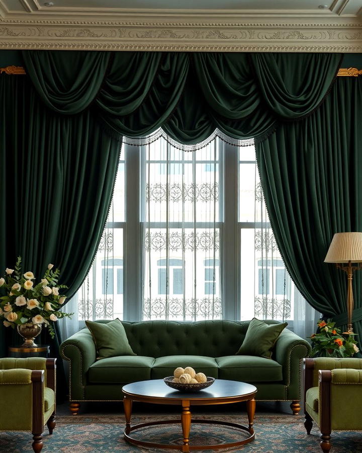 Layered Drapery - 25 Victorian Dark Green Living Room Ideas