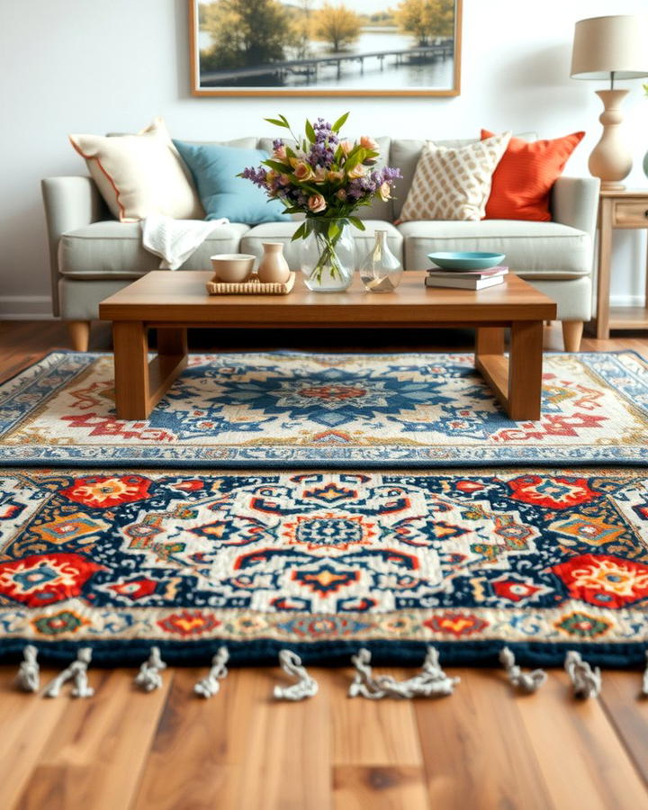 Layered Rugs Beneath the Table - 25 Sofa Table Decor Ideas