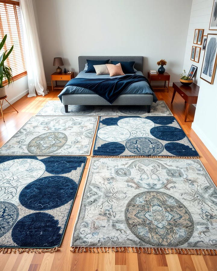 Layered Rugs for Added Texture - 25 Navy Blue and Grey Bedroom Ideas