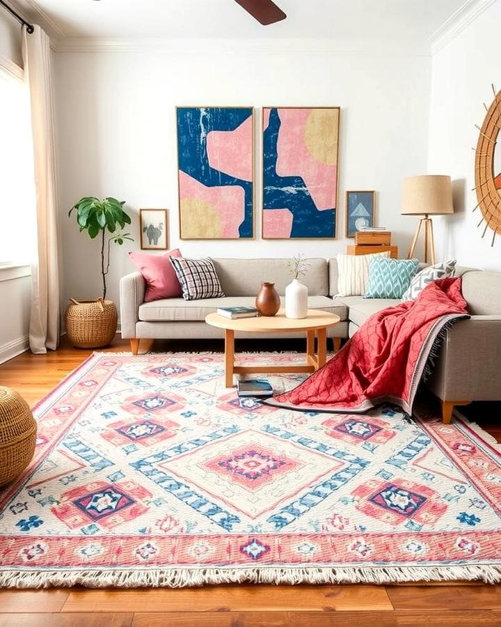 Layered Rugs in Pink and Blue - 25 Pink and Blue Living Room Ideas