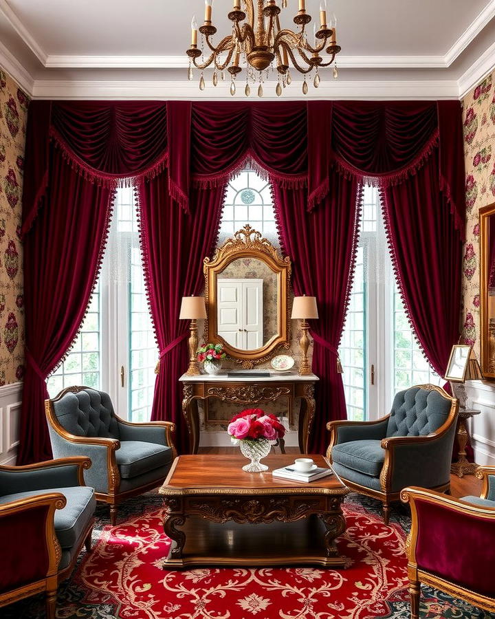 Layered Window Treatments with Heavy Drapes - 25 Victorian Living Room Ideas