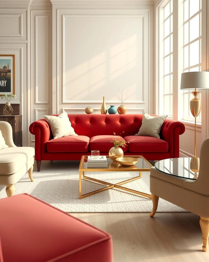 Layering Neutral Shades Around a Red Couch - 25 Red Couch Living Room Ideas