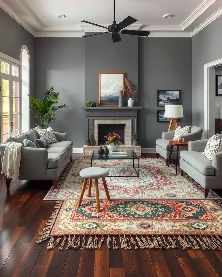 Layering Rugs for Visual Interest - 30 Grey Living Room With Dark Wood Floors