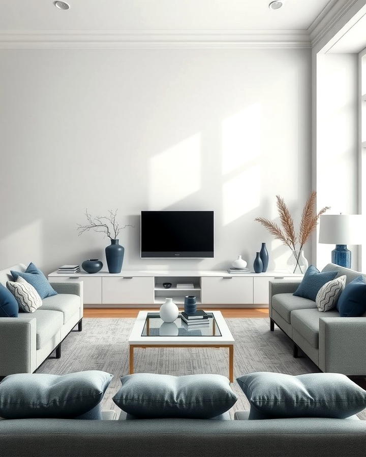 Light Grey Walls with Navy Blue Accessories - 30 Blue and Grey Living Room Ideas