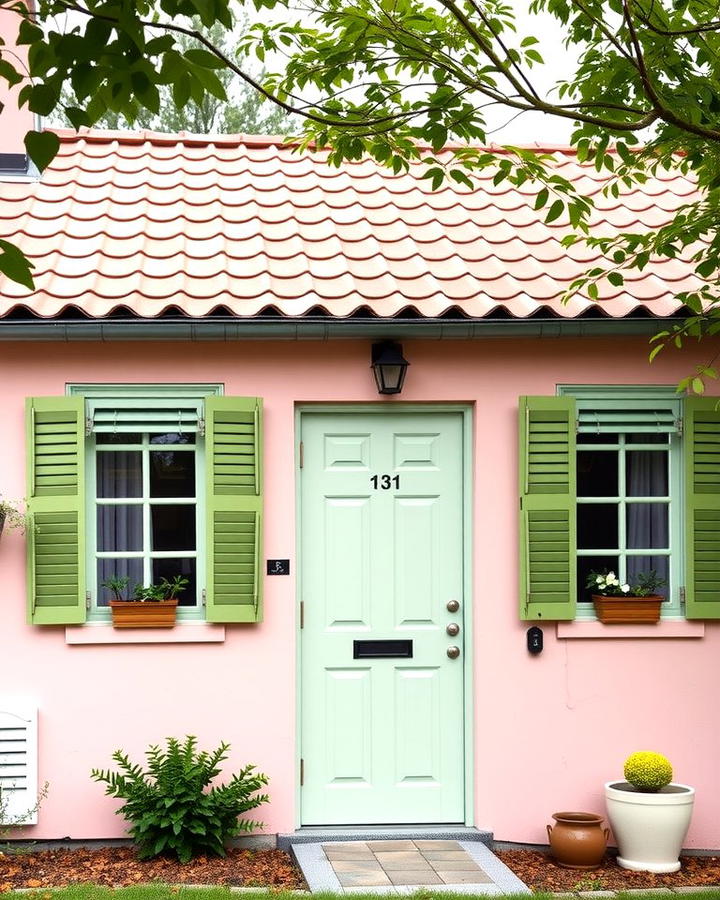 Light Pink with Green Shutters - 25 Pink House Exterior Ideas