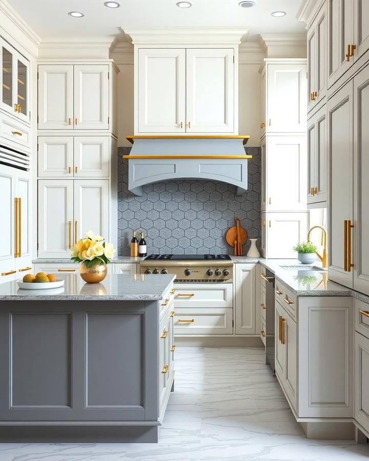 Luxe Touch with White Cabinets and a Grey Island with Gold Details - 25 White Kitchen Cabinets With Grey Island Ideas