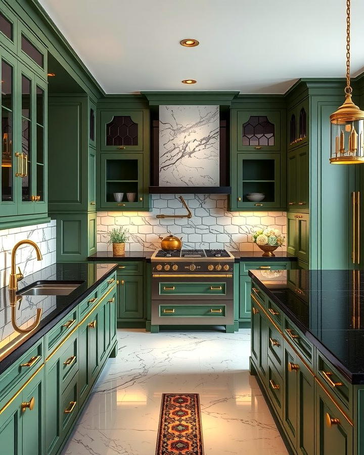 Luxurious Marble Accents - 30 Green Kitchen Cabinets With Black Countertops