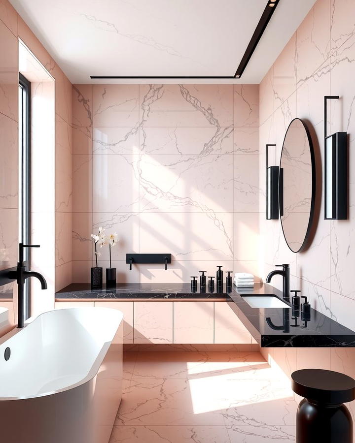 Luxurious Pink Marble and Black Accents - 25 Pink and Black Bathroom Ideas