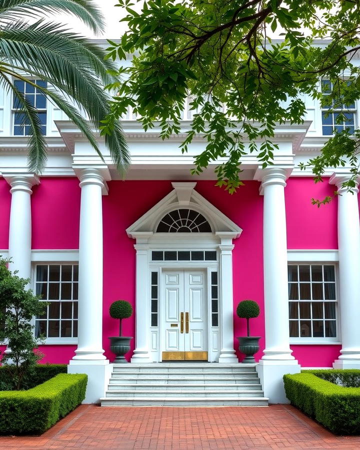 Magenta Pink with White Columns - 25 Pink House Exterior Ideas