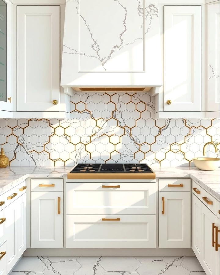 Marble Hexagon Tiles with Gold Inlays - 25 White and Gold Kitchen Backsplash Ideas