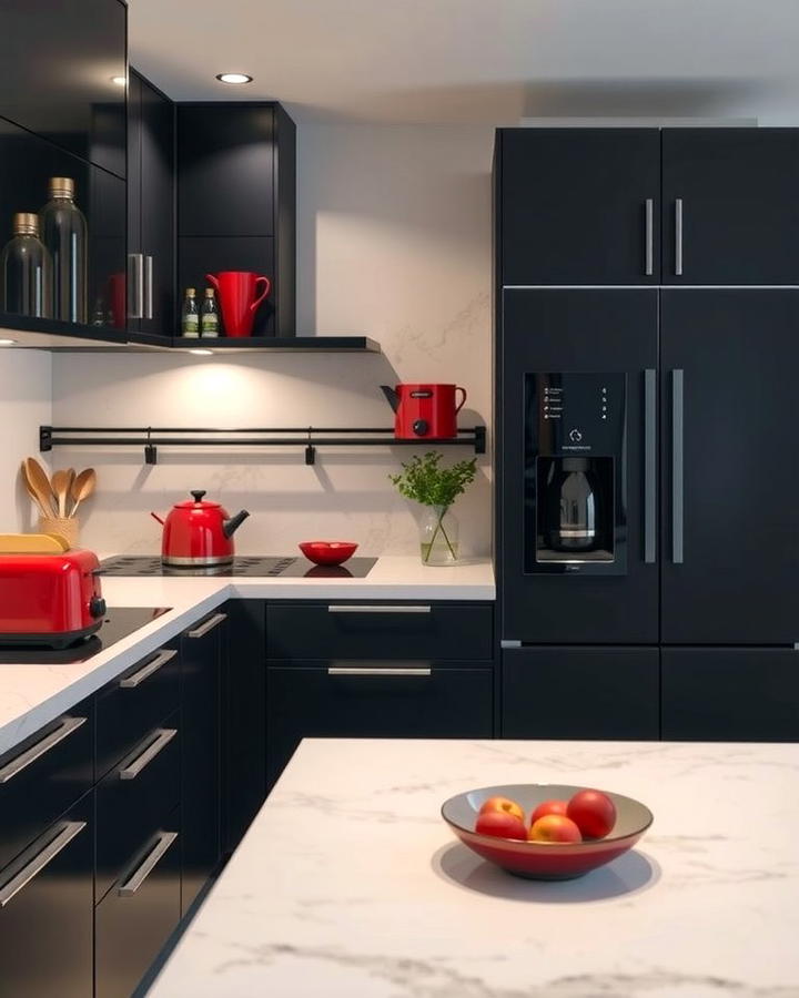 Matte Black Appliances with Red Accents - 25 red and black kitchen ideas