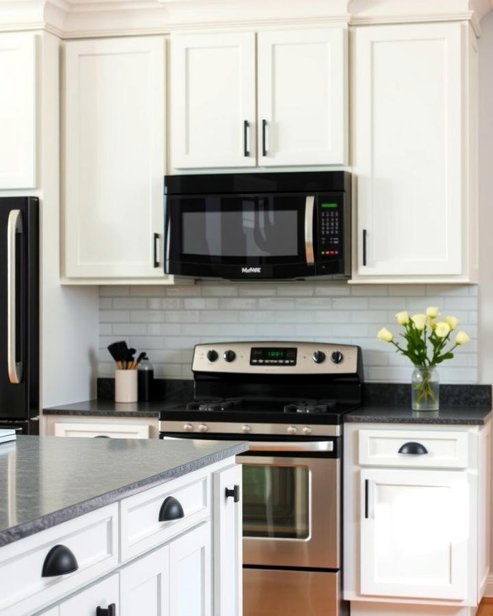 Matte Black Hardware for Cohesion - 30 White Kitchen with Black Appliances Ideas