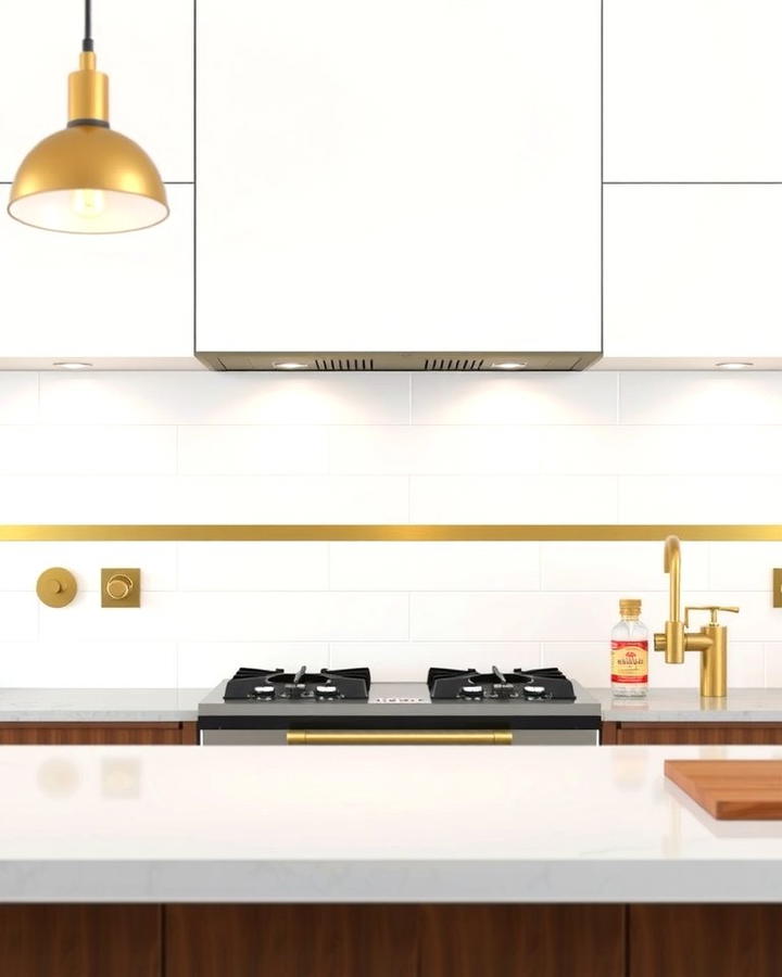 Matte White Tiles with Brushed Gold Stripes - 25 White and Gold Kitchen Backsplash Ideas