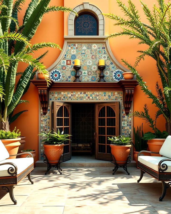 Mediterranean Inspired Fireplace with Mosaic Tiles - 25 Outdoor Corner Fireplace Ideas