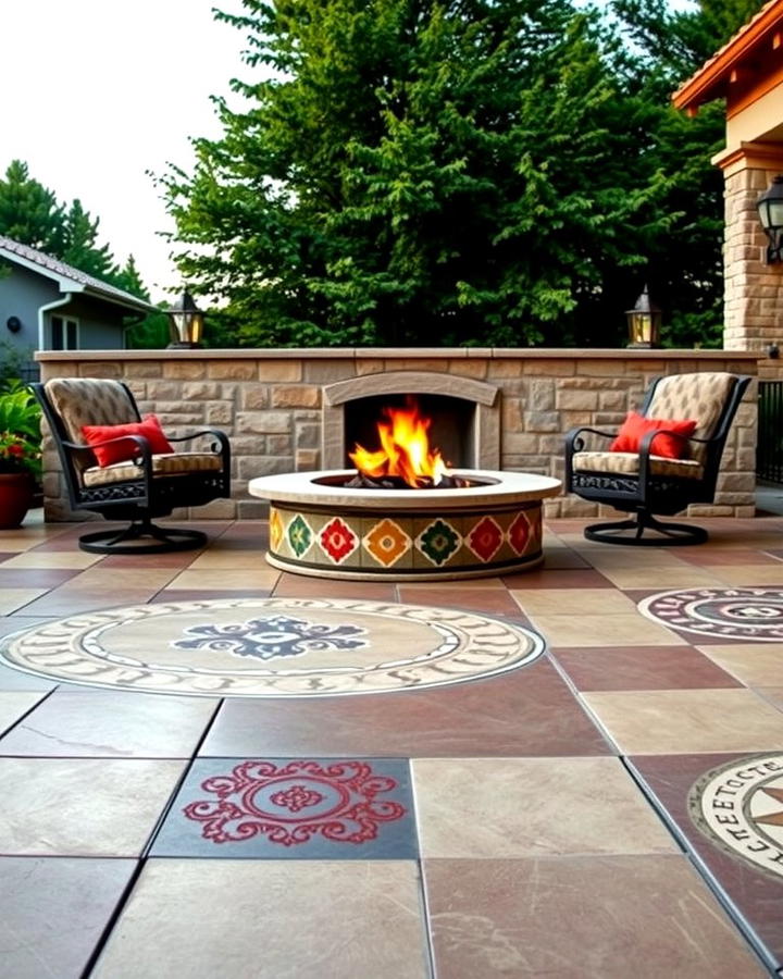 Mediterranean Inspired Patio with Mosaic Stamping - 25 Stamped Concrete Patio With Fire Pit Ideas