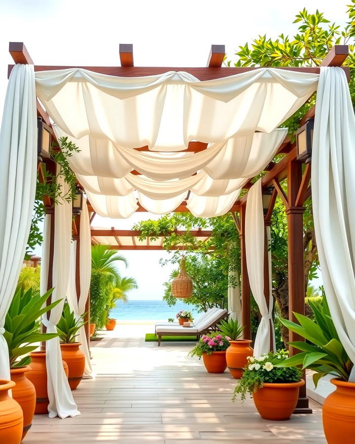 Mediterranean Style Pergola with Drapes - 25 Patio Pergola Ideas