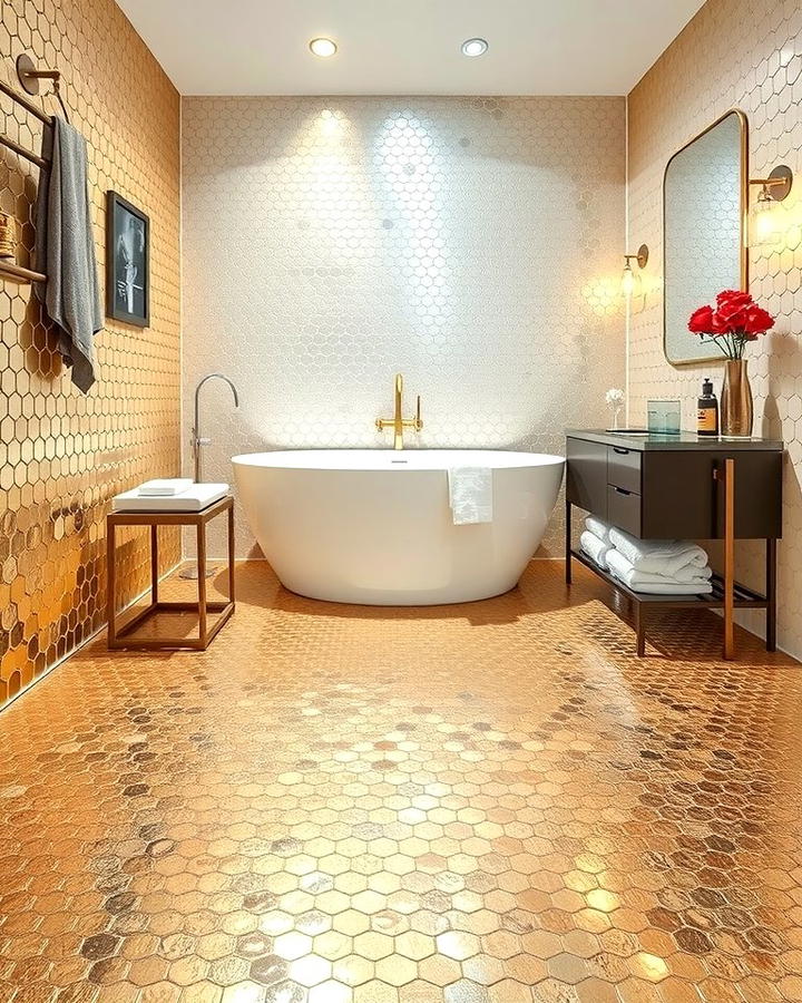 Metallic Penny Tile Finish - 25 Penny Tile Bathroom Floor Ideas