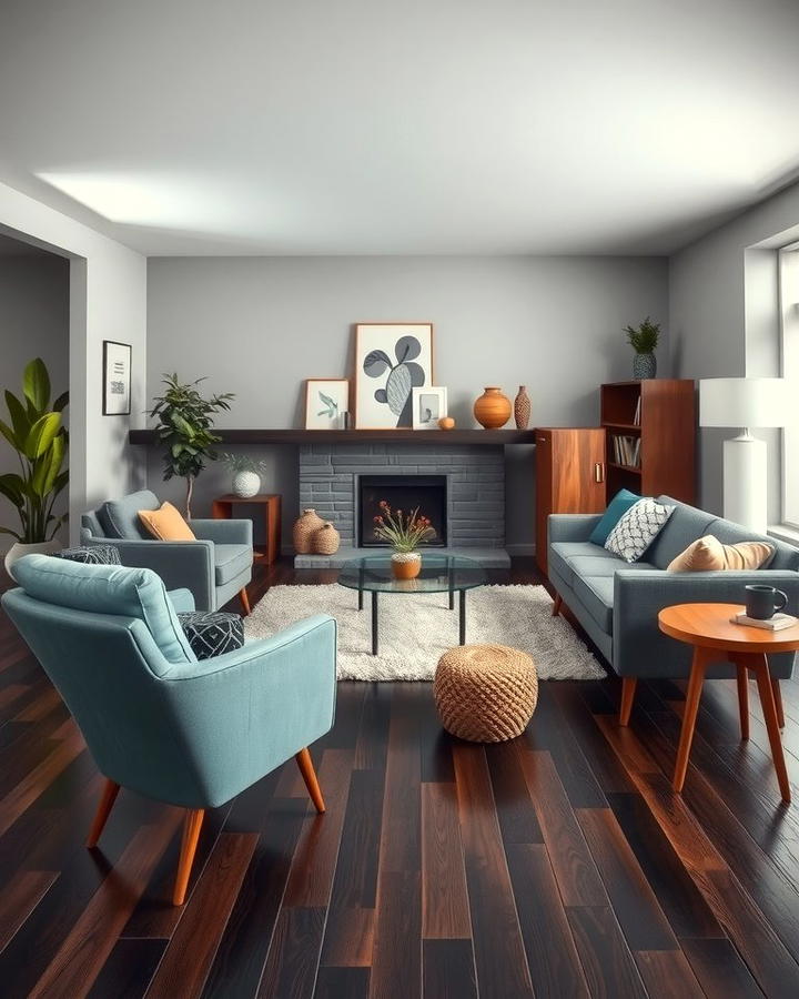 Mid Century Modern Vibes - 30 Grey Living Room With Dark Wood Floors