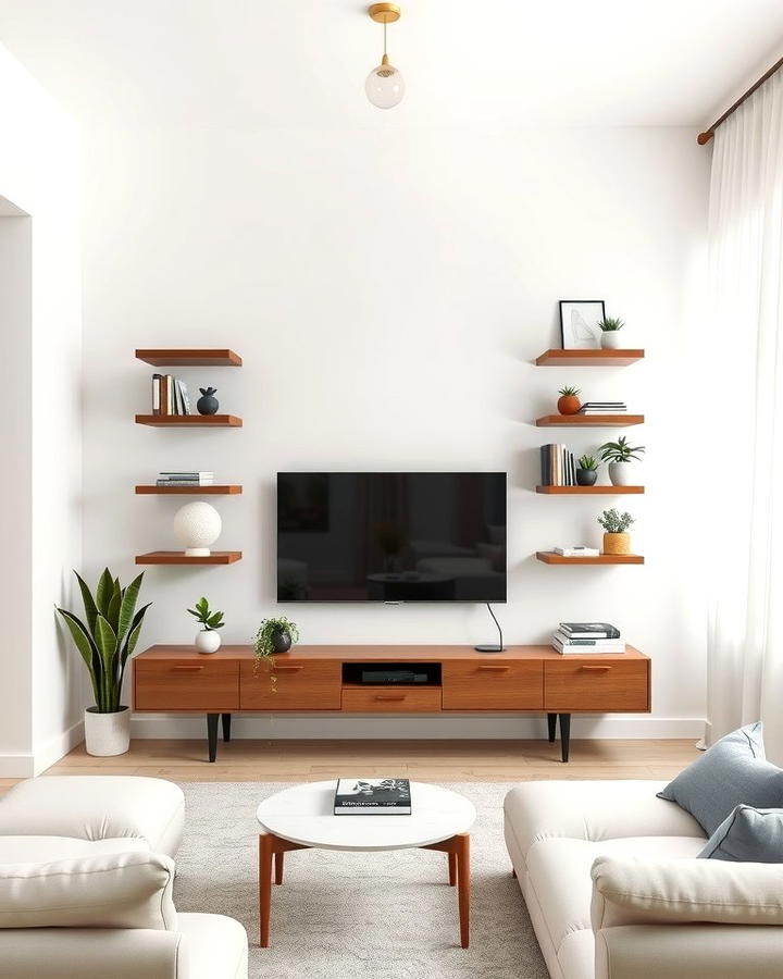 Minimalist Floating Shelves Around the TV - 25 Small Living Room Ideas With Tv