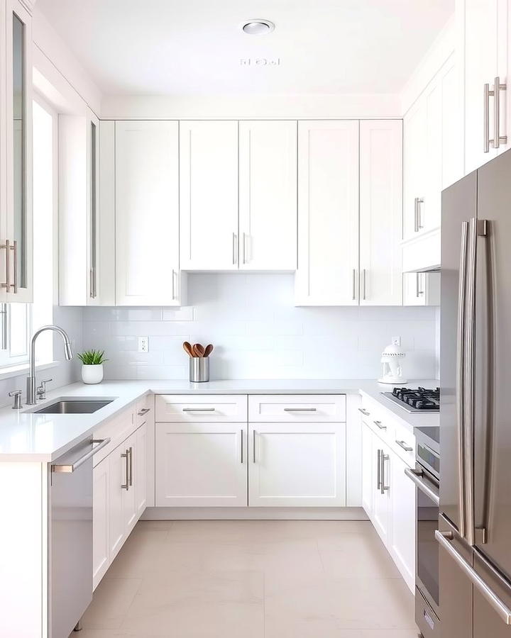 Minimalist Hardware for a Clean Look - 25 White Kitchen with Stainless Steel Appliances Ideas