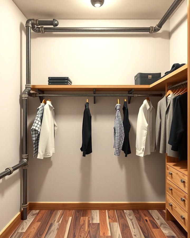 Minimalist Pipe and Wood Open Closet - 25 Open Closet Ideas