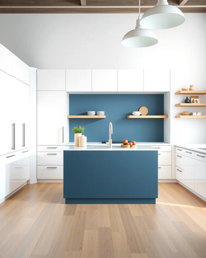 Minimalist White Cabinets and a Matte Blue Island - 25 White Kitchen Cabinets With Blue Island