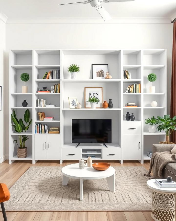 Minimalist White Shelving Units - 25 White Living Room Ideas