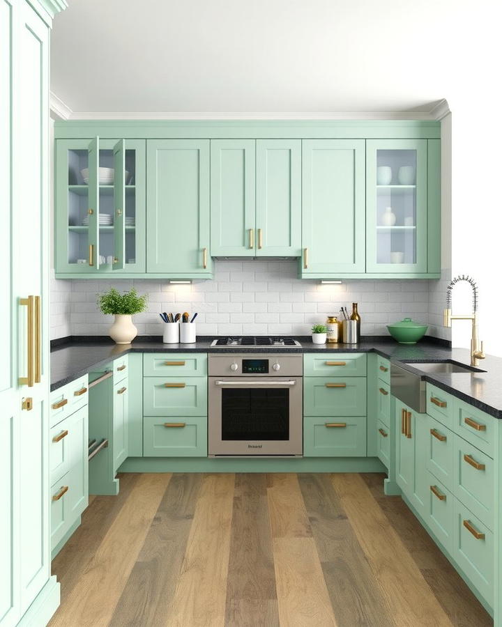 Mint Green Cabinets with Black Quartz Countertops - 30 Green Kitchen Cabinets With Black Countertops