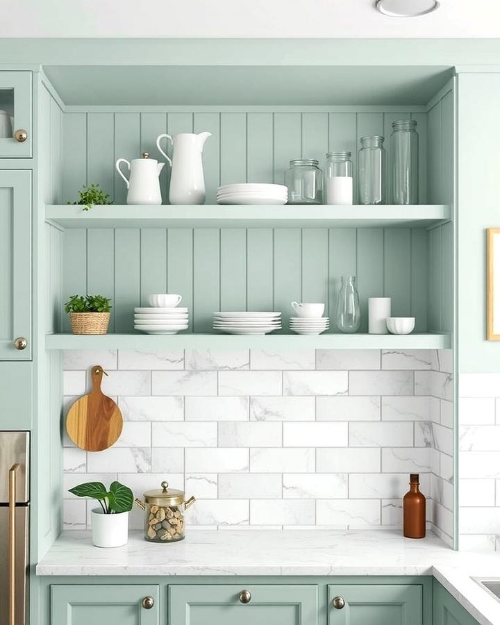 Mint Toned Open Shelving - 25 Mint Kitchen Decor Ideas