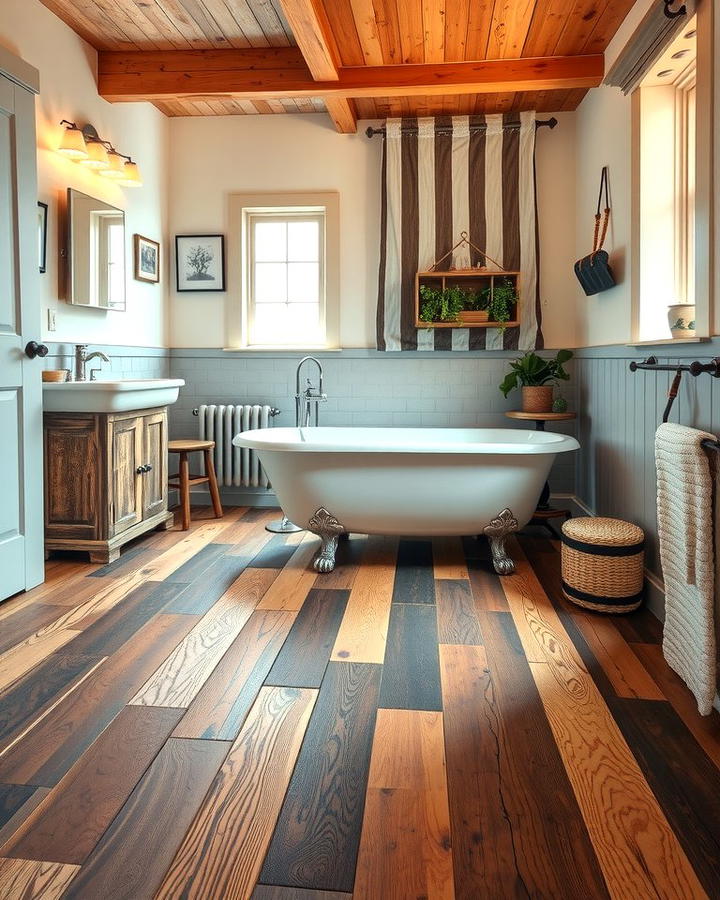 Mixed Wood Tones for a Unique Look - 30 Ideas for Wood Floors in Bathrooms