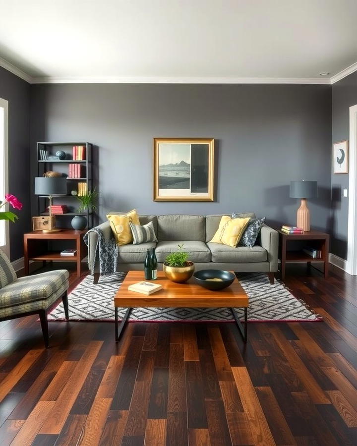 Mixing Vintage and Modern Pieces - 30 Grey Living Room With Dark Wood Floors