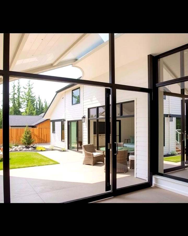 Modern Farmhouse with Black Framed Sliding Doors - 25 White Farmhouse With Black Windows Ideas