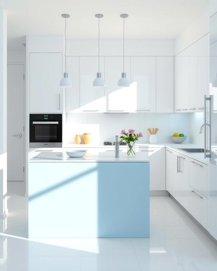 Modern Minimalism with White Glossy Cabinets and Light Blue Island - 25 White Kitchen Cabinets With Blue Island