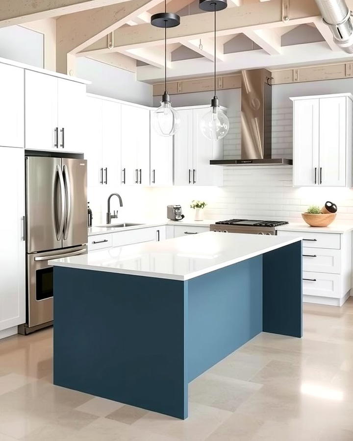 Modern White Cabinets with a Steel Blue Island - 25 White Kitchen Cabinets With Blue Island