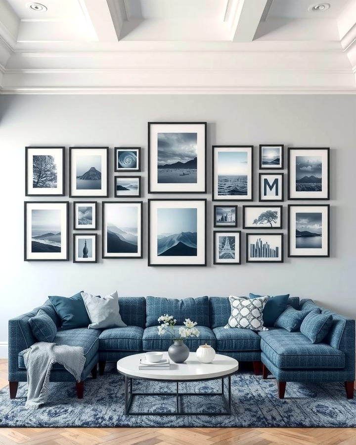 Monochromatic Blue and Grey Gallery Wall - 30 Blue and Grey Living Room Ideas