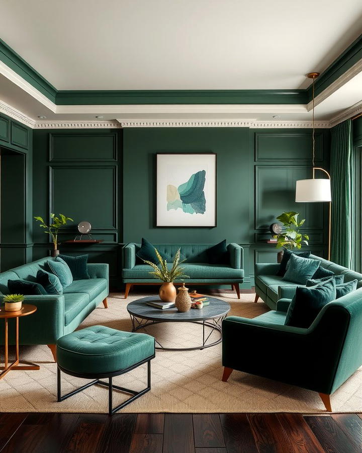 Monochromatic Dark Green Scheme - 30 Dark Green Living Room Ideas