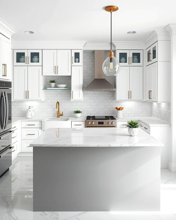 Monochromatic Elegance with Subtle Patterns - 25 White Kitchen Cabinets With Grey Island Ideas